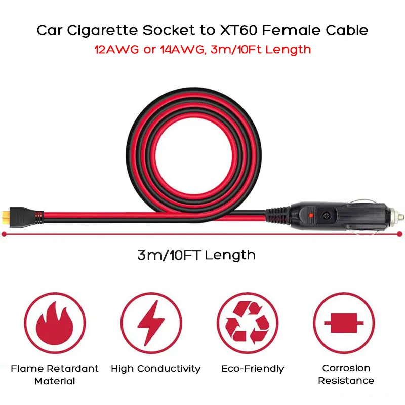 3m XT60 Female to Car Cigarette Lighter Cable for EcoFlow River Delta ALLPOWERS Anker SOLIX Bluetti Etc. Portable Power Stations