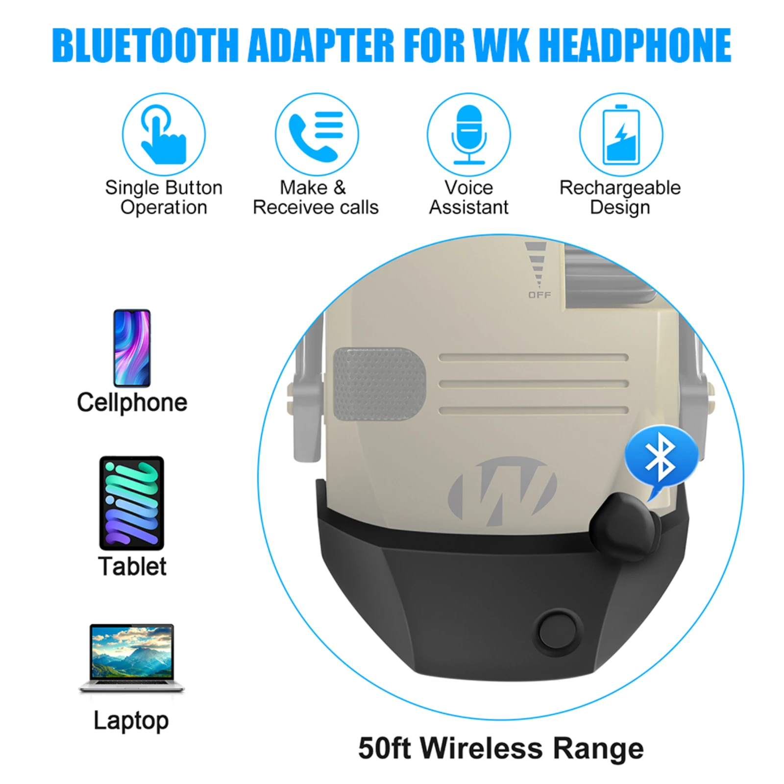 WK Bluetooth Adapter Design for Walker\'s series electronic shooting earmuffs Convert wire earmuff to wireless one