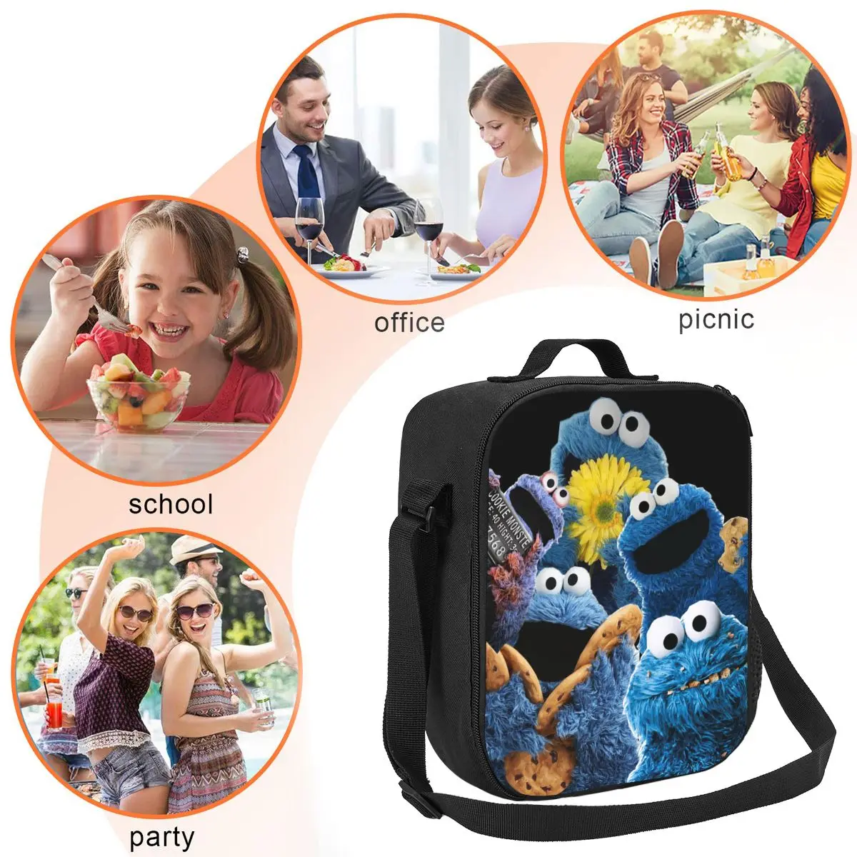 مخصص كوكي مونستر برامج التلفزيون الحرارية معزول حقيبة الغداء المحمولة الغداء المدرسة تخزين في الهواء الطلق بينتو عبوة طعام #5