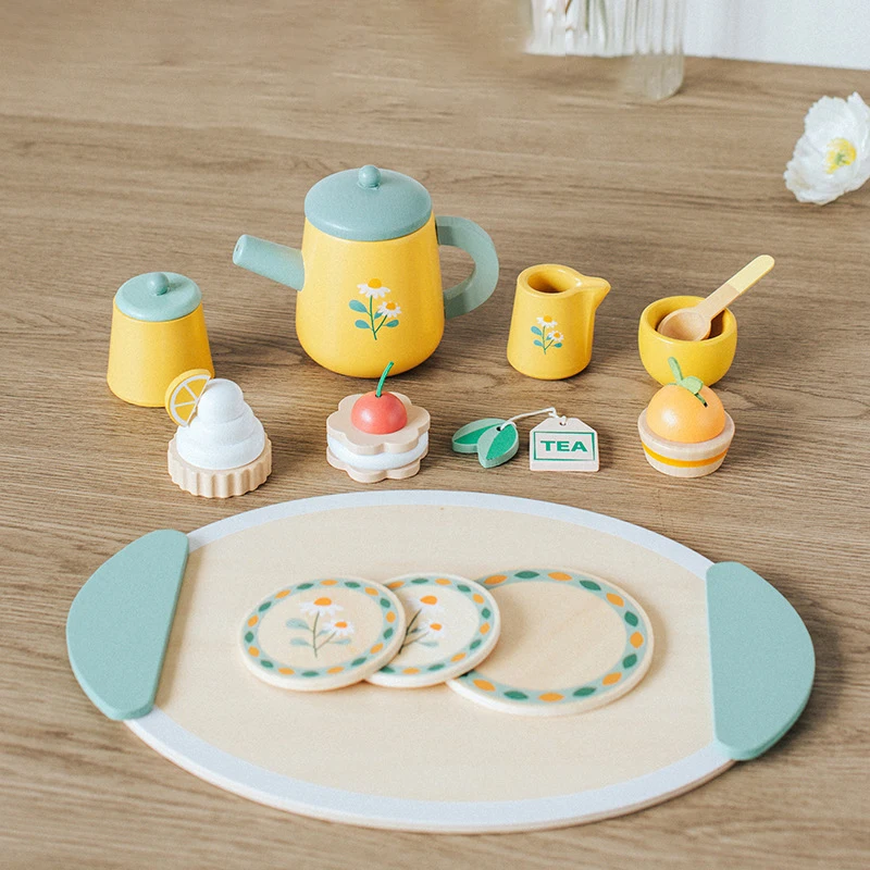 Set di torte per il tè pomeridiano in legno Fai finta di giocare con i giocattoli da cucina per bambini Giochi di imitazione Giocattoli educativi precoci Montessori Regalo