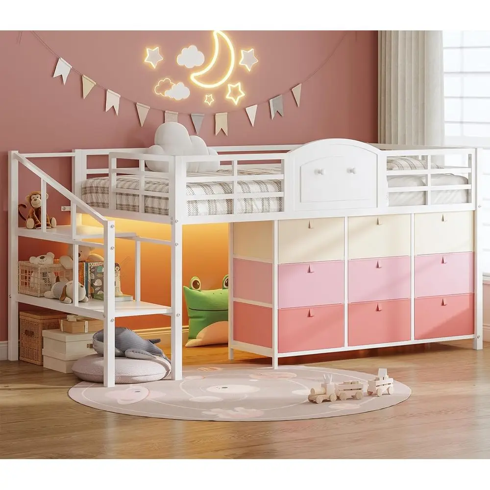 

Twin Size Low Loft Bed with 9 Drawers, LED Lights, and Safety Rail for Kids, White