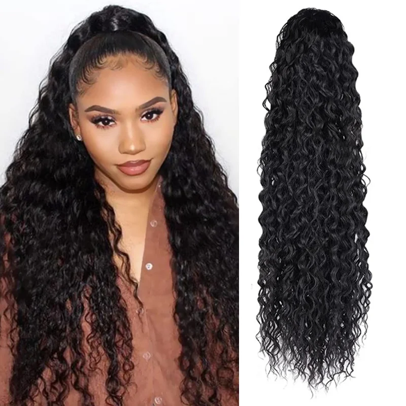 

Вьющиеся волосы для наращивания хвоста Черные вьющиеся термостойкие синтетические мгновенные заколки на шнурке Заколка для хвоста в длинных волосах хвоста