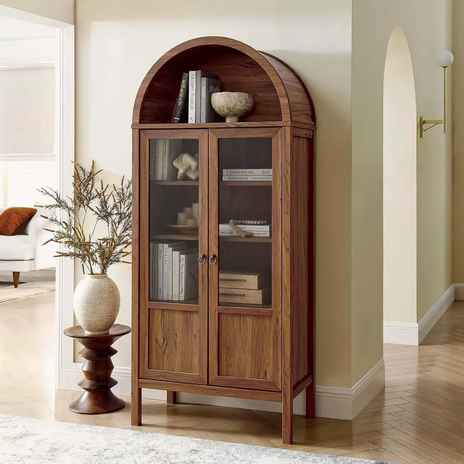 Mid-Century Walnut Sideboard, 4-Tier Adjustable Shelf Cabinet with Glass Doors
