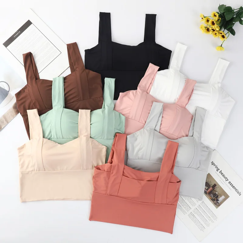 Ice Silk Seamless Wide Shoulder Straps Beautiful Back Tube Top with Breast Pads Sports Sleep Underwear Bra for Women Wholesale