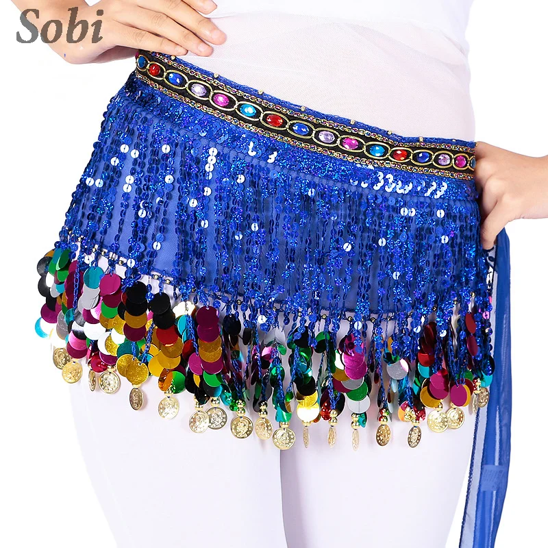 Sequins Tribal Belly Dance Hip Scarf Adult Women Glitter Tassel Hip Waist Skirt Oriental Dance Fringe Hip Belt with Rhinestones