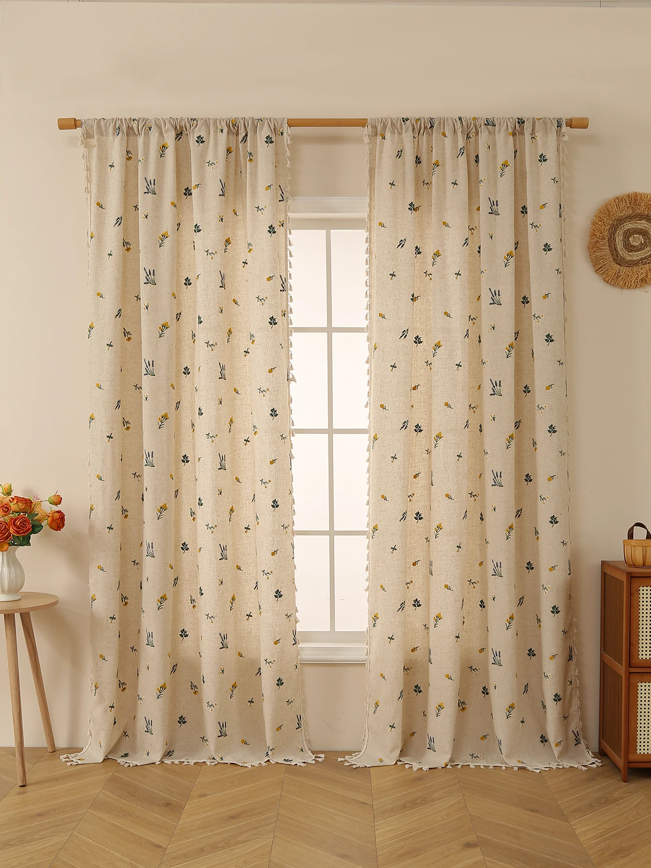 1PC Linen Wheat Fringe Embroidery Hanging Fringe Curtains Living Room Bedroom Window Decoration Blocking Rustic Style Curtains