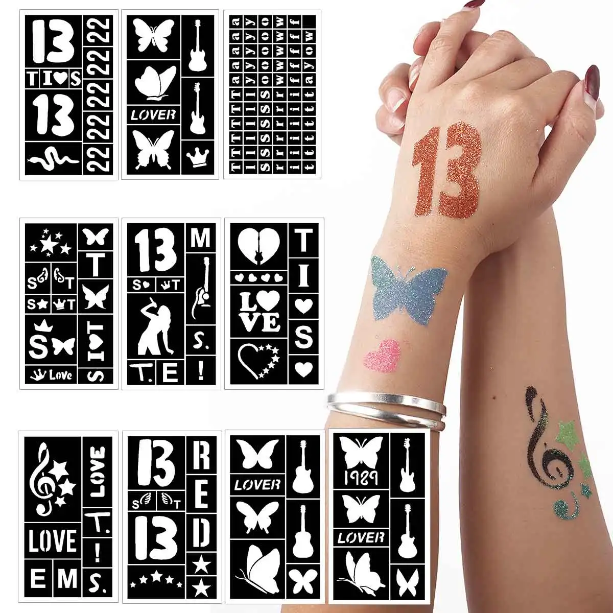

Reusable Temporary Tattoo Stencil Templates Set DIY Paint for Music Festival Face Body Art Tattoo Lucky Number 13 -10 Sheets