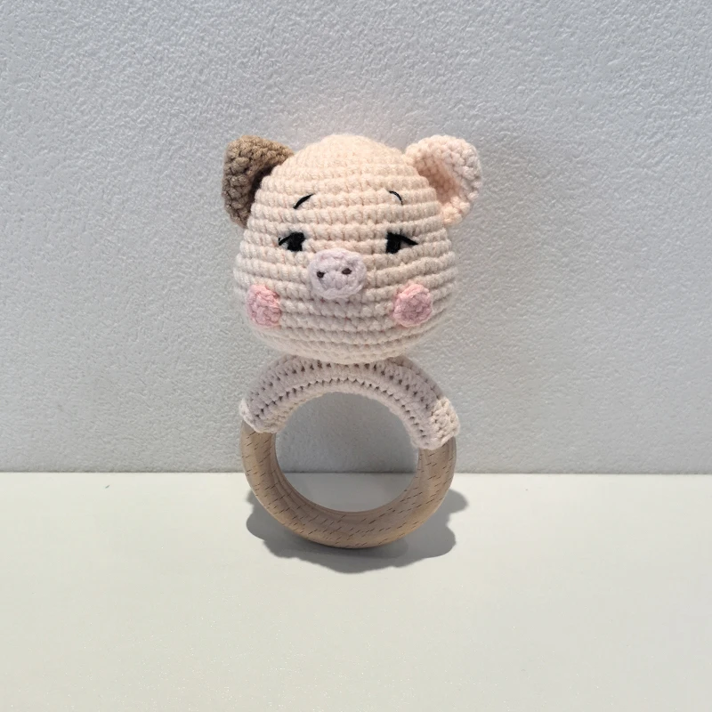 Amigurumi Crochet Pig Baby Teether kawaii Stuffed Animal Doll Beech Wood Newborn Teether Ring Pacifier Clip Baby Birth Gift Box