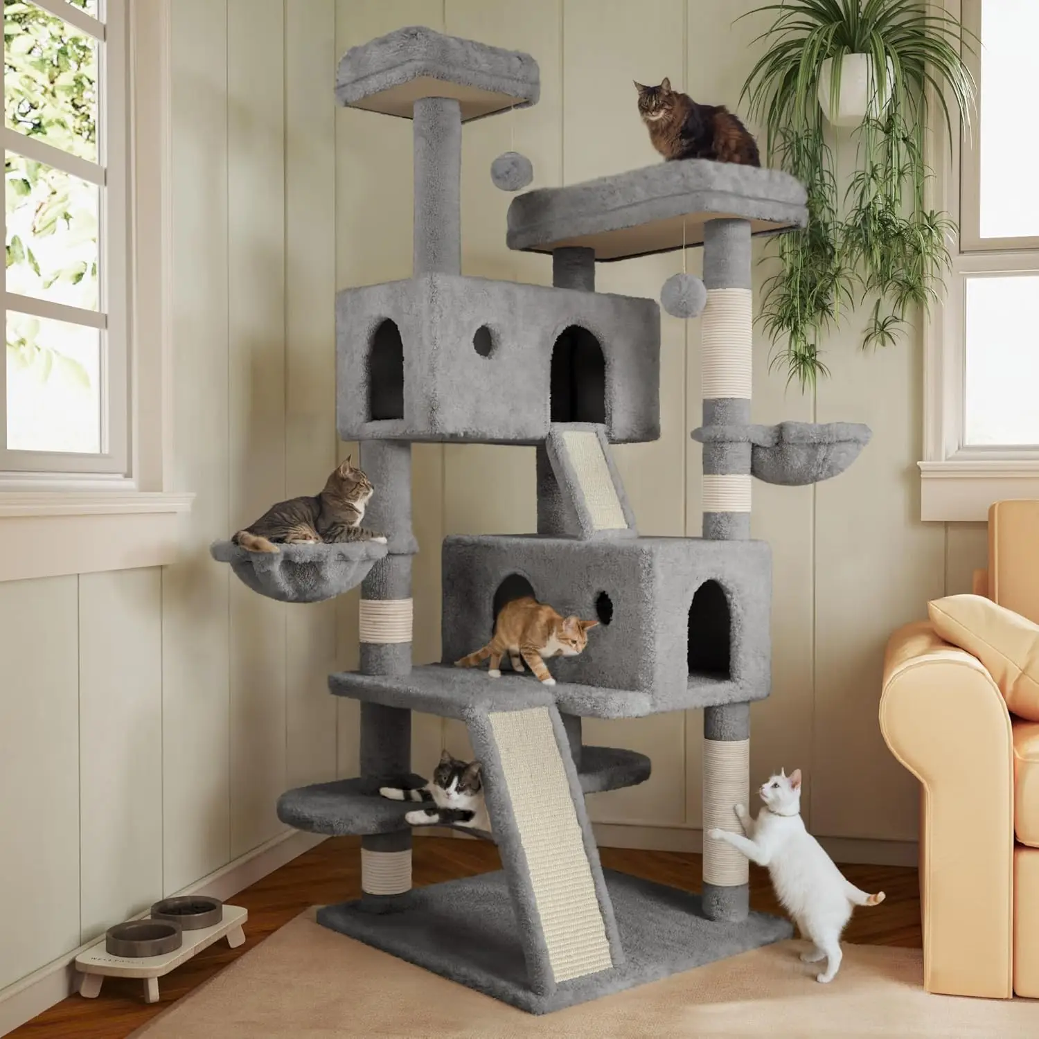 66 Inches Multi-Level Large Cat Tree Tower for Indoor Big Cats/Cozy Plush Perches/Cat Condo/Sisal Scratching Posts/Hammock