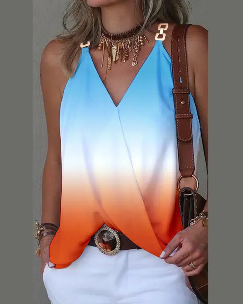 Women Metal Buckle Patchwork Shoulder Strap Vest Fashion Print Commuter Tank Tops Female Summer Casual V Neck Sleeveless T-Shirt