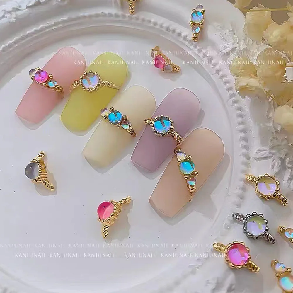 Diamantes de imitación de aleación de lujo para uñas, Gema de cristal en forma de anillo Aurora, 3D, accesorios de manicura coreana DIY, 10 piezas