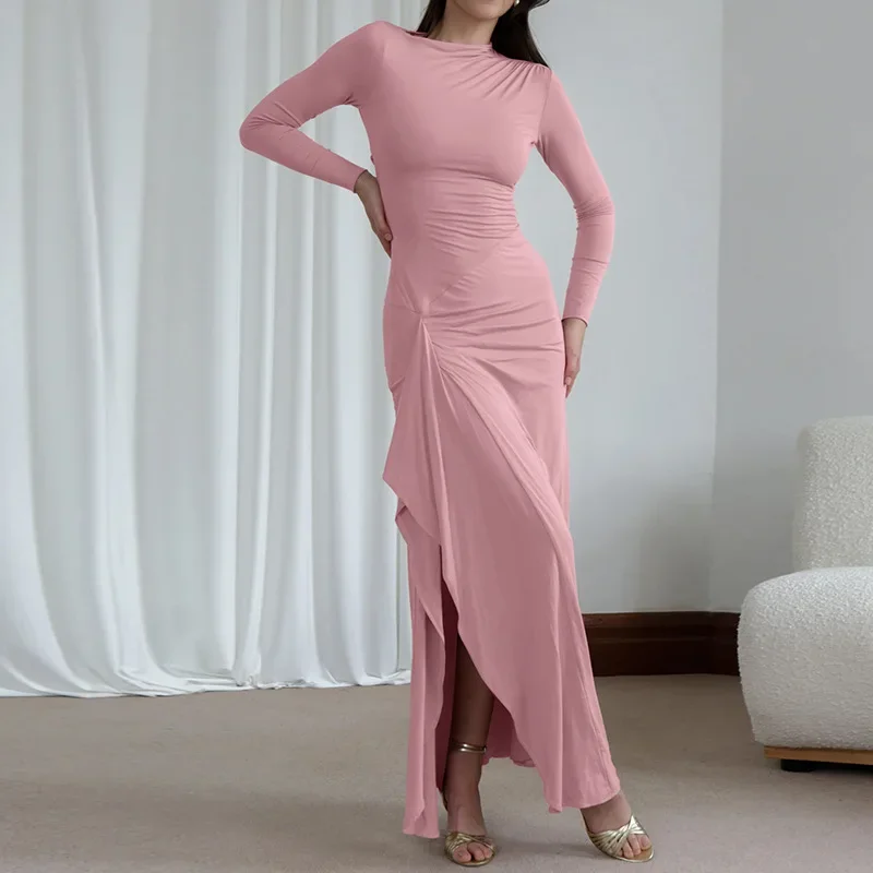 

New Sexy Long Sleeve Lace-up Thigh Spilt Maxi Dress for Women Elegant High Waist O-neck Bodycon Slim Party Evening Dress