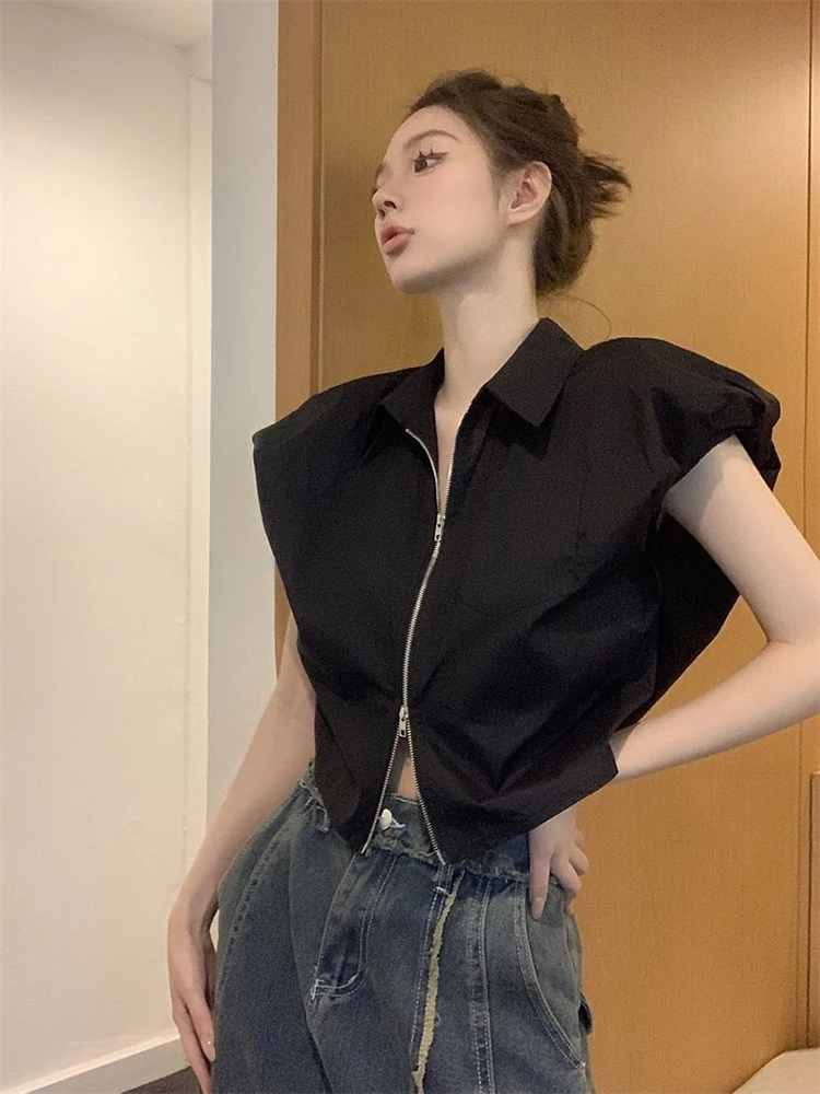 Jmprs Fashion Zipper Women Shirt Summer Sleeveless Black Causal Office Ladies Tops Designed Korean White Crop Tops