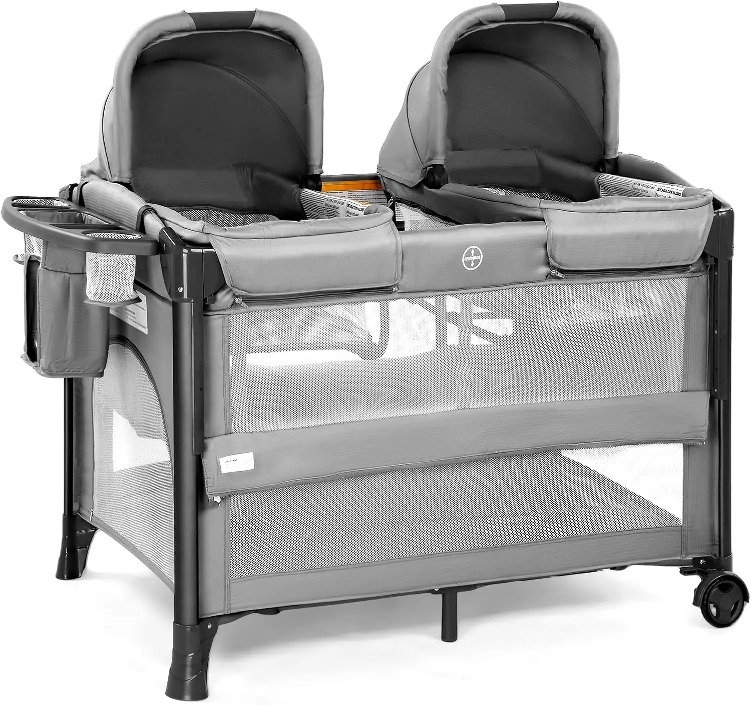 Twin bassinet setup - side view