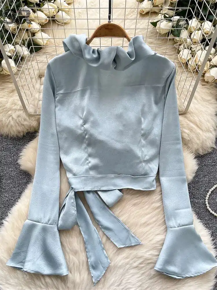 

BabYoung Senior Basics Blouse Women Flare Sleeve V Neck Lace Up Design Irregular Edible Tree Fungus Slim Court Folds Chic Tops