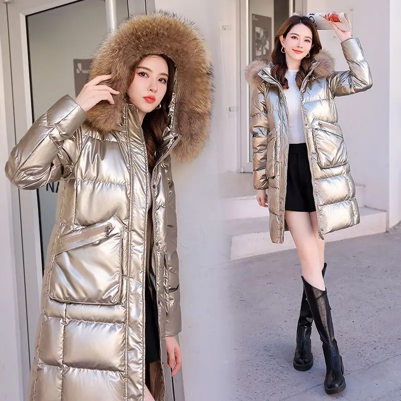 2023 New Winter Fashion Fur Collar Bright Face Down Coat Women\'s Mid length Down Jacket Knee Thickened Warm Cotton Coat