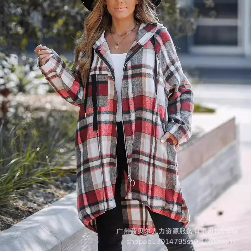 Jackets Women Hooded Coats Slim Fit Plaid Print Casual Zipper Mid Length Coat Full Sleeve Elegant Splice Jacket Autumn