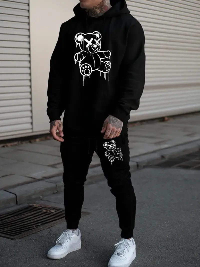 2025年秋新作 3Dクマプリント 快適でおしゃれなカジュアルメンズアウトドアスポーツスウェット上下セット