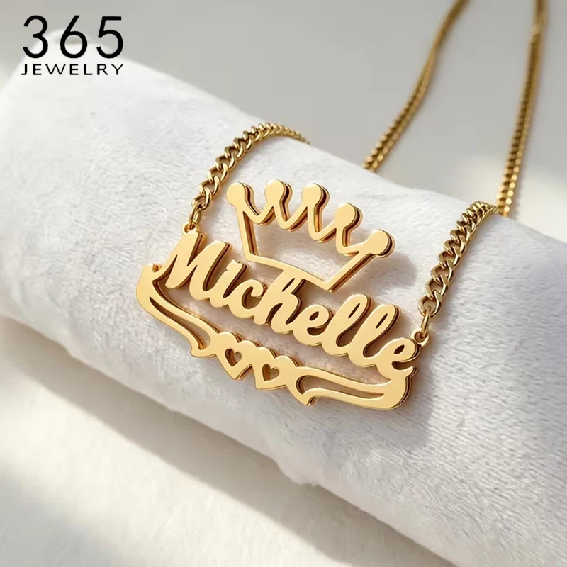 365 Personalized Custom Name Necklaces for Women Thick Chain Stainless Steel Heart Butterfly Crown Choker Jewelry Birthday Gift
