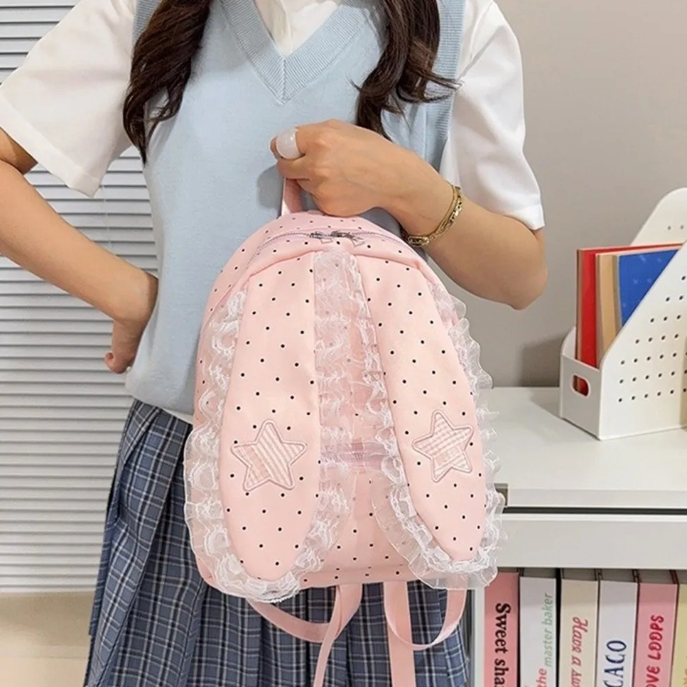 Sweet Star Bunny Ear Backpack Love Heart Korean Style Rabbit Ear School Bag Nylon Large Capacity Polka Dot Backpack Daily