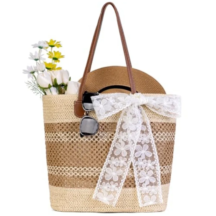 Straw Beach Tote Bag for Women - 2026 Large Handwoven Summer Vacation Purse Zipper for Travel Shopping Essentials