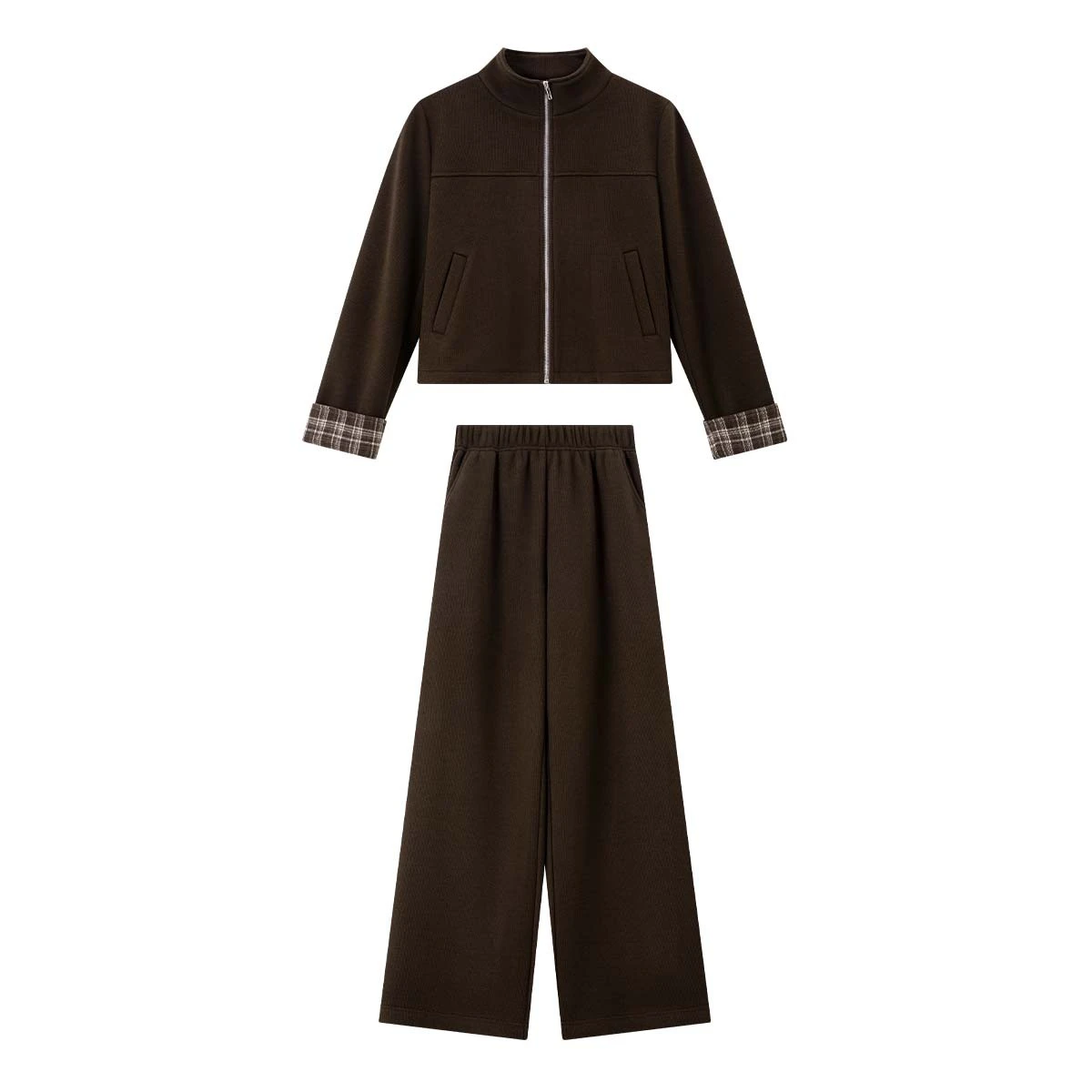 VIMLY femmes marron deux pièces ensemble hiver 2025 épissé Plaid col montant fermeture éclair hauts pantalons à jambes larges décontracté dame pantalons ensembles A3097