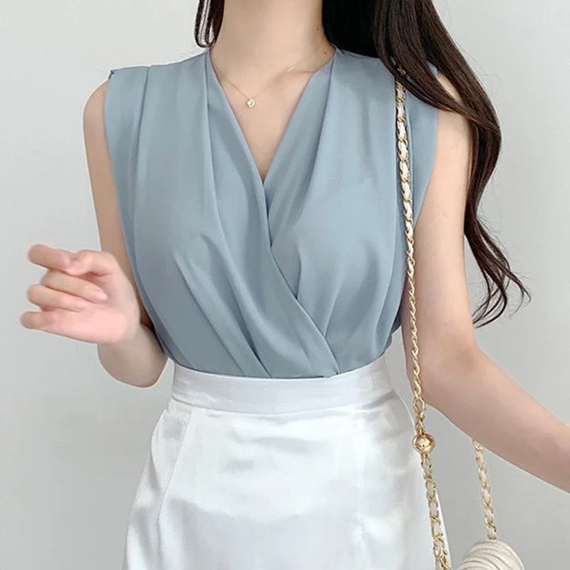 Neploe French Elegant V-Neck Crossover Design Blouse 2024 Summer Loose Versatile Sleeveless Blusa Ladies Chic Solid Color Shirt