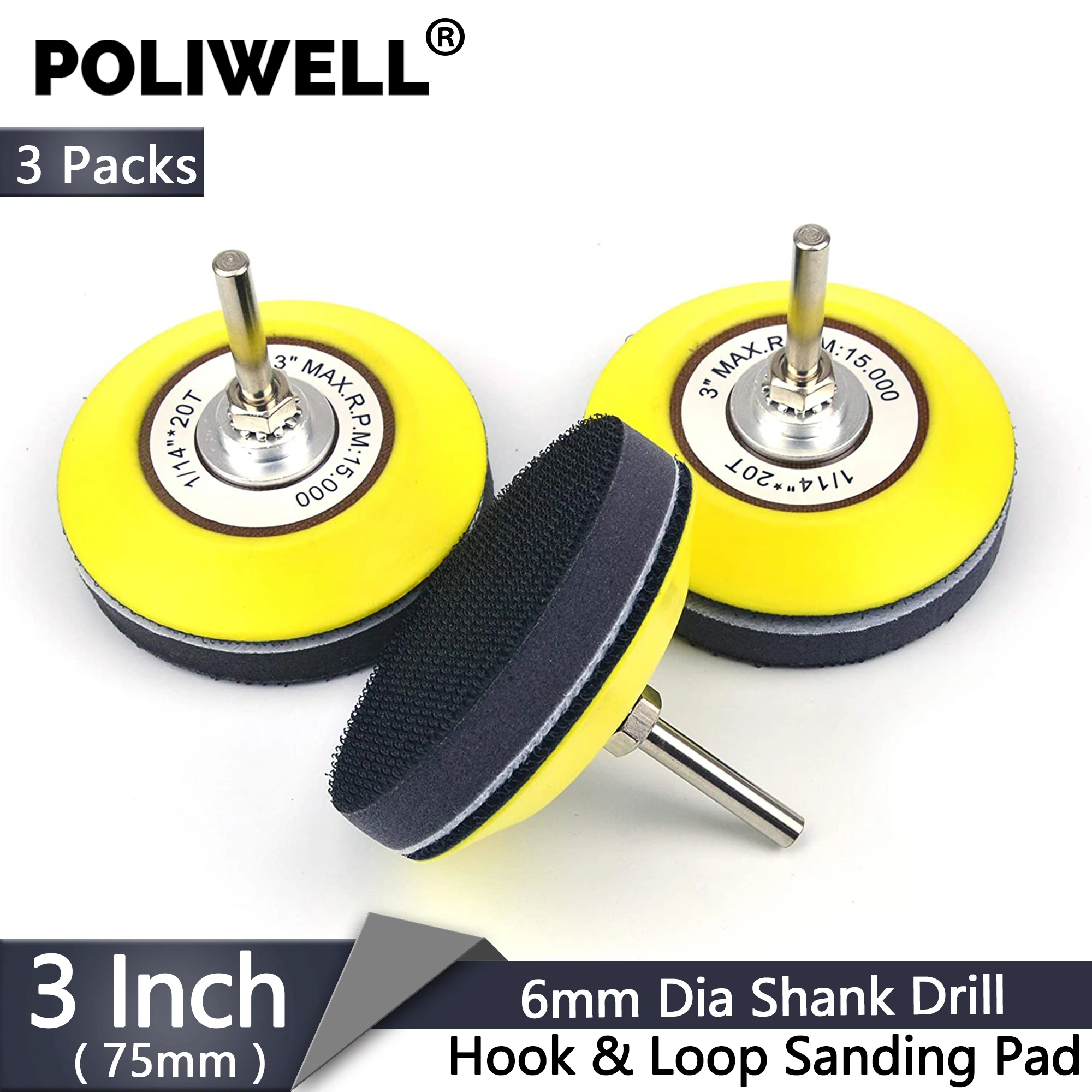 3 Packs 3 Inch 75mm Hook and Loop Sanding Pad for Sanding Discs with 6mm Dia Shank Drill + Soft Foam Layer Buffering Pad