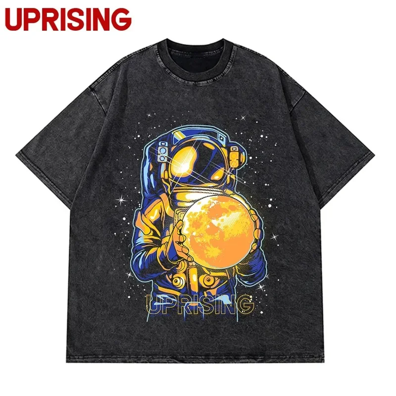 

Винтажные Промытые футболки, аниме футболка в стиле Харадзюку, футболка оверсайз, хлопковая модная уличная одежда, топ унисекс, астронавт 80256