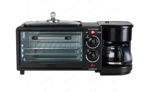 3-in-1 Breakfast Station, Multifunctional Toaster Oven with Coffee Maker & Griddle Pan, Compact Breakfast Maker for Home Kitchen