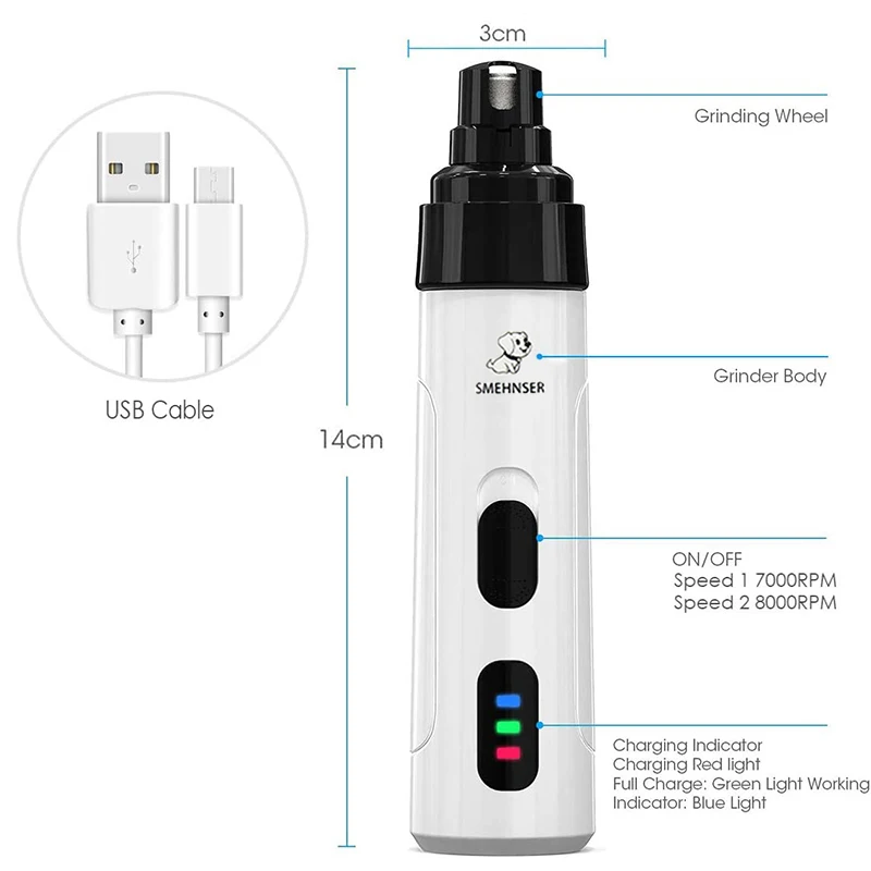 무통 USB 충전 강아지 네일 그라인더, 충전식, 반려동물 손톱깎이, 조용한 전기, 개 고양이, 발톱 손질, 트리머 도구