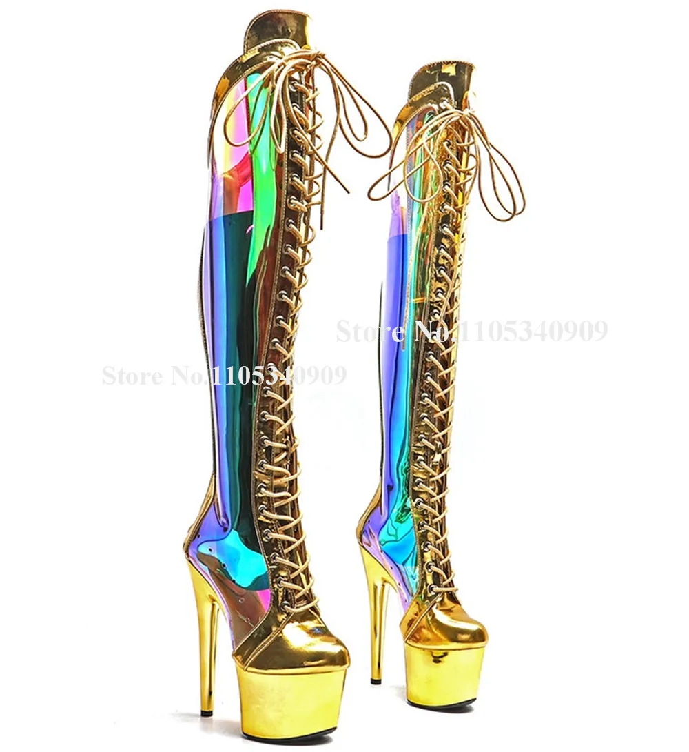 Bondarenko Gold Patent Leather Patchwork PVC Thin Heel Knee High Boots Round Toe Lace-up High Platform High Heel Dance Shoes