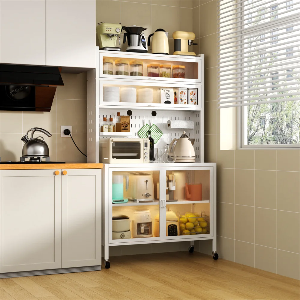 Multi-functional Metal Steel Kitchen Storage Cabinet With Glass Doors And Pegboard Shelves - Image 4