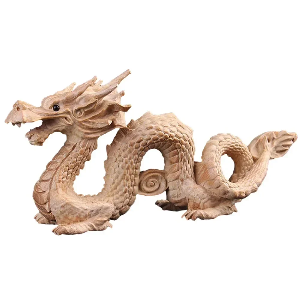 Feng Shui Carved Natural Wood Dragon Statue Sculpture Animal Figurine Good Lucky  2024 New Year Dragon Decoration