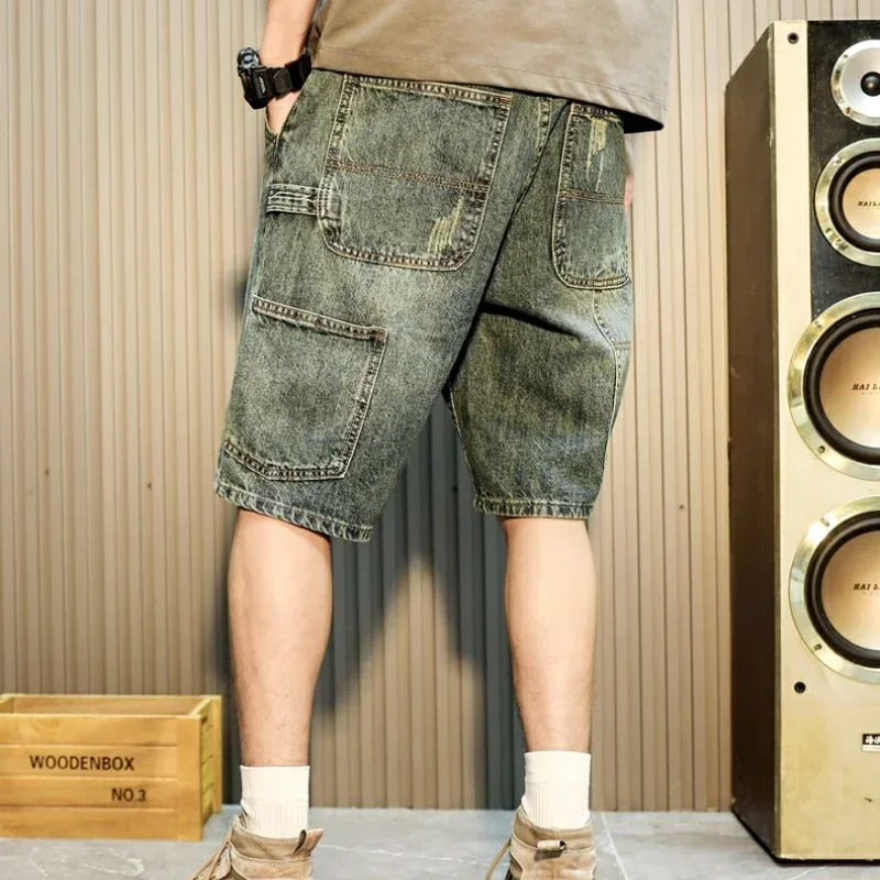 

Man Denim Shorts Cargo with Pockets Half Short Jeans Pants for Men Knee Length Long New in Hip Hop Designer Cut Vintage Retro Xl