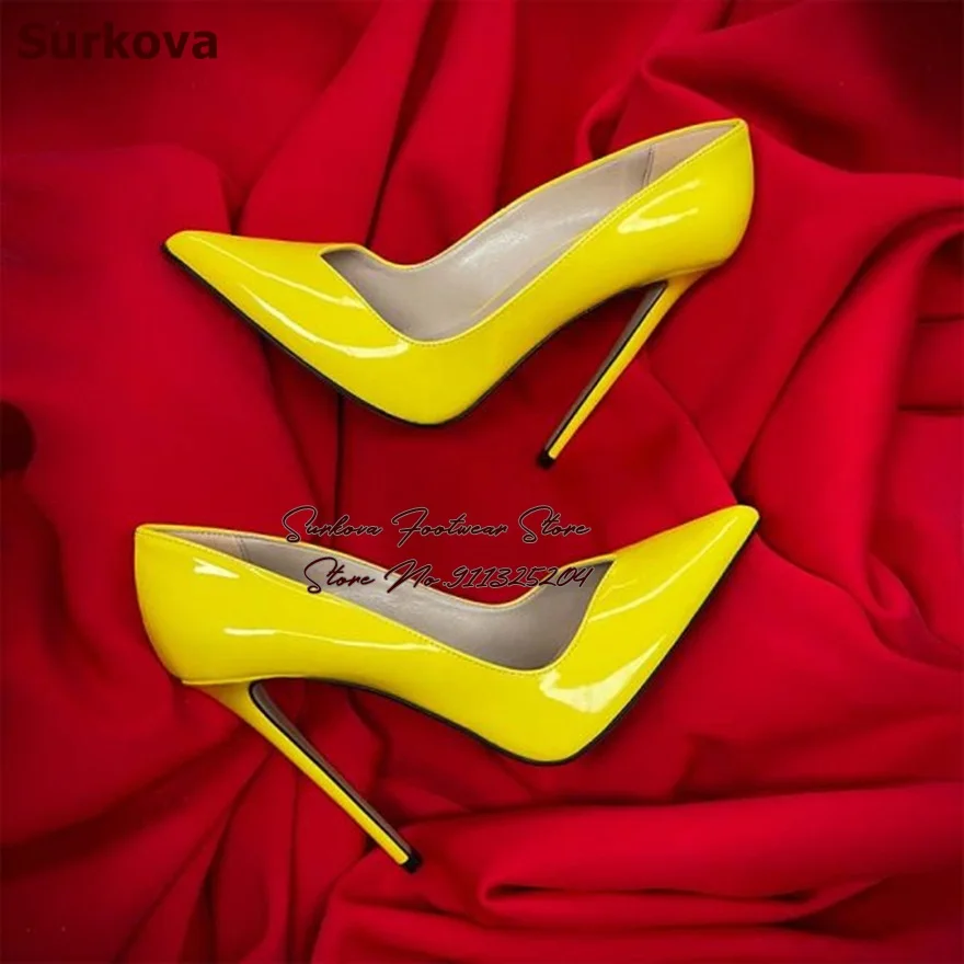 Surkova Orange Patent Leather High Heel Shoes 12cm 10cm 8cm Stilettos V-Cut Shallow Pointed Toe Dress Pumps Size45 Summer Heels