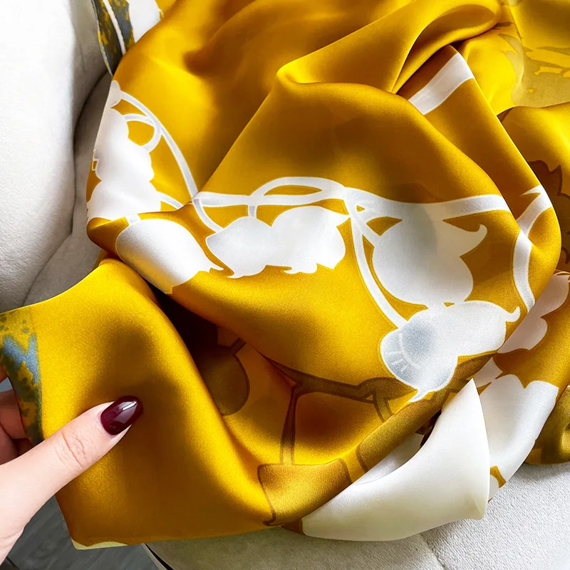 Elegant Large Long Headband Yellow Floral Silk Scarf Women Shawls Wraps Foulard Hijab Bufanda Female Beach Stoles Scarves