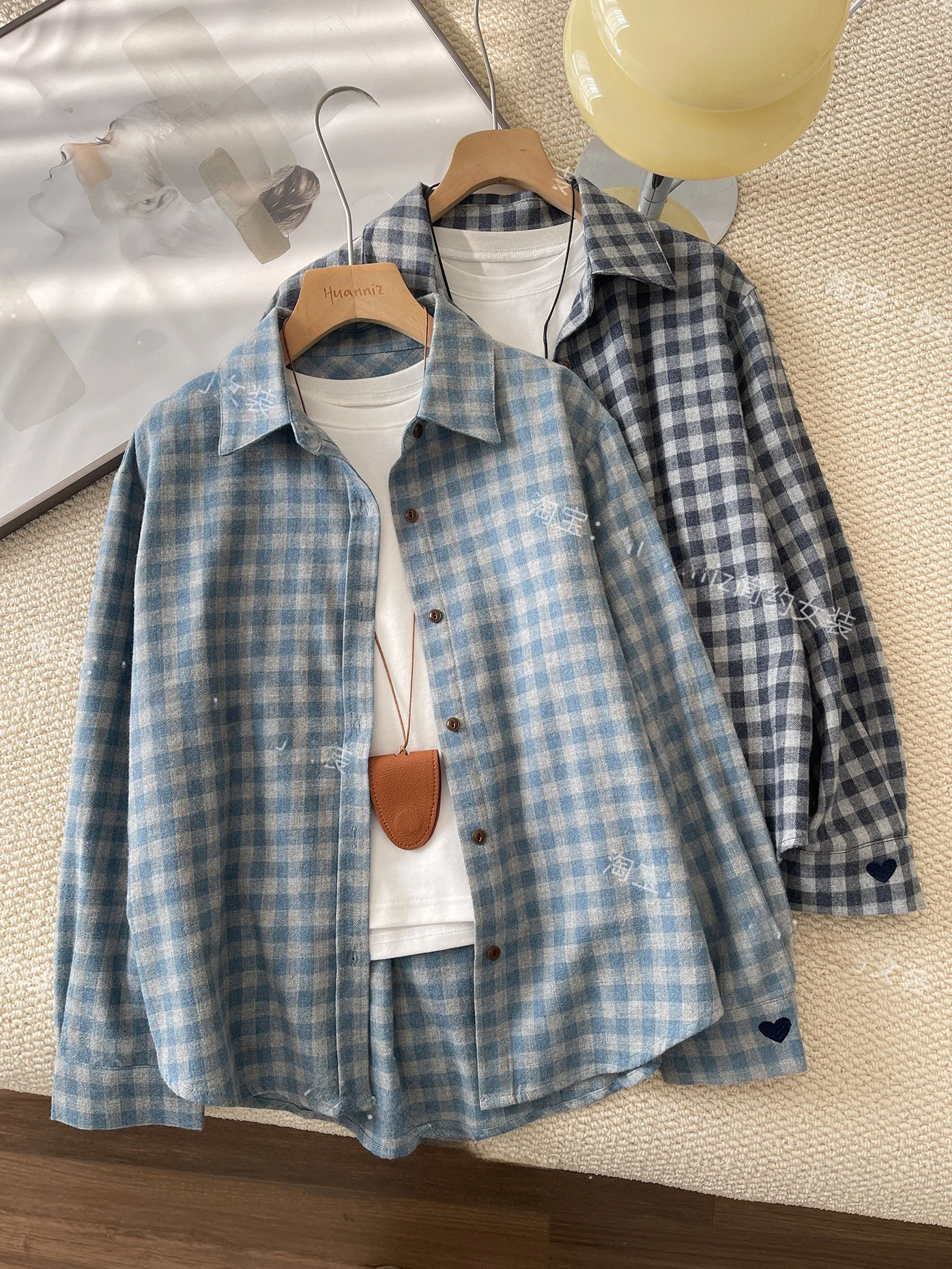 

Spring 2026 Blue Plaid Long Sleeve Fleece Women's Casual Shirt Loose Fit Breathable Cotton Flannel Top Outerwear for Girls