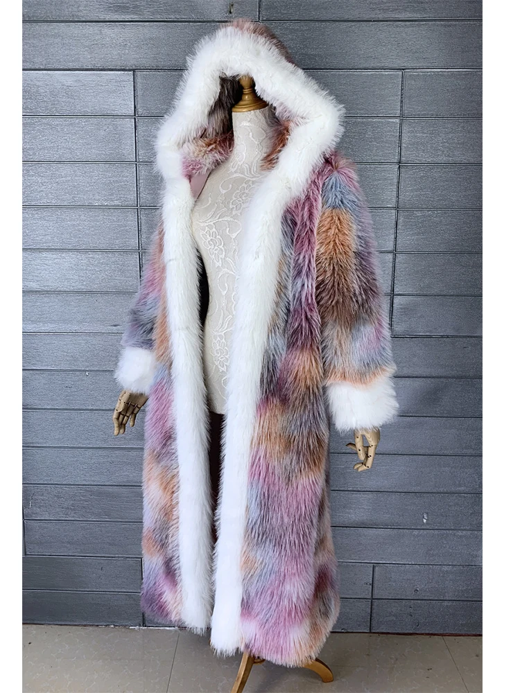 Pink Faux Fur Long Coat Women Tie Dye Print Hooded Faux Fur Coat Colorful Fashion 2023 Winter Thick Warm Fluffy Jacket Overcoat