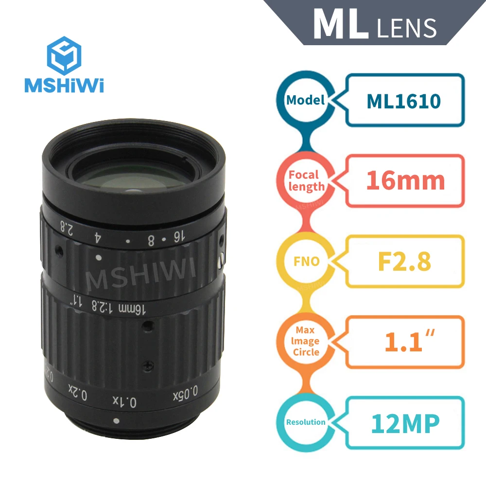 

ML Lens 12 Megapixel 16mm Fixed Focal 1.1" F2.8 Manual Iris Lens CCTV Machine Vision Lenses for Industrial Cameras ITS Camera