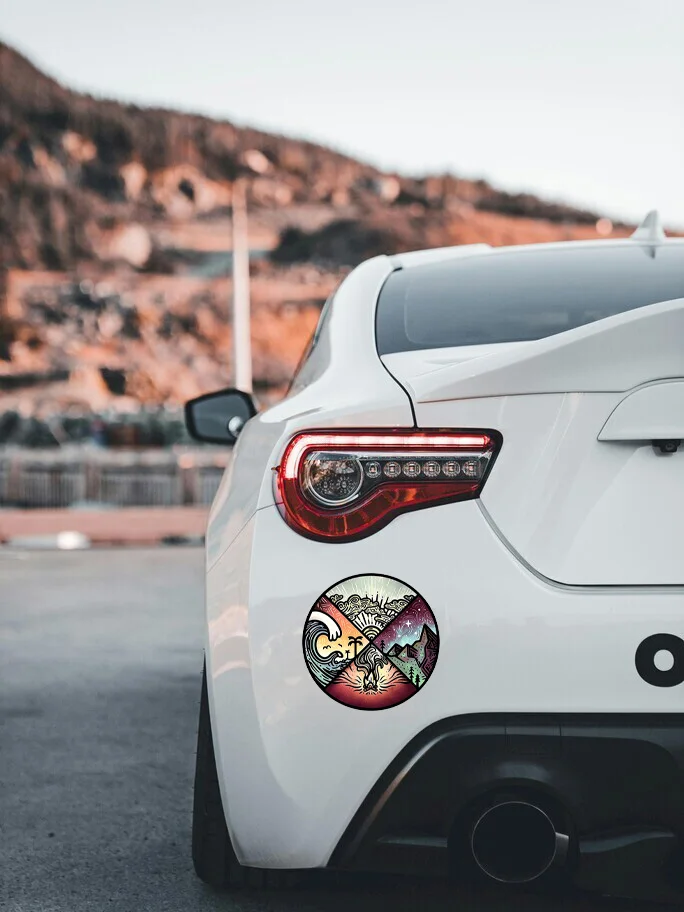 Circular Natural Element Vinyl Car Stickers, Sun Wave Campfire Volcano Stickers, Car Helmets, Motorcycles, Laptop Decorations