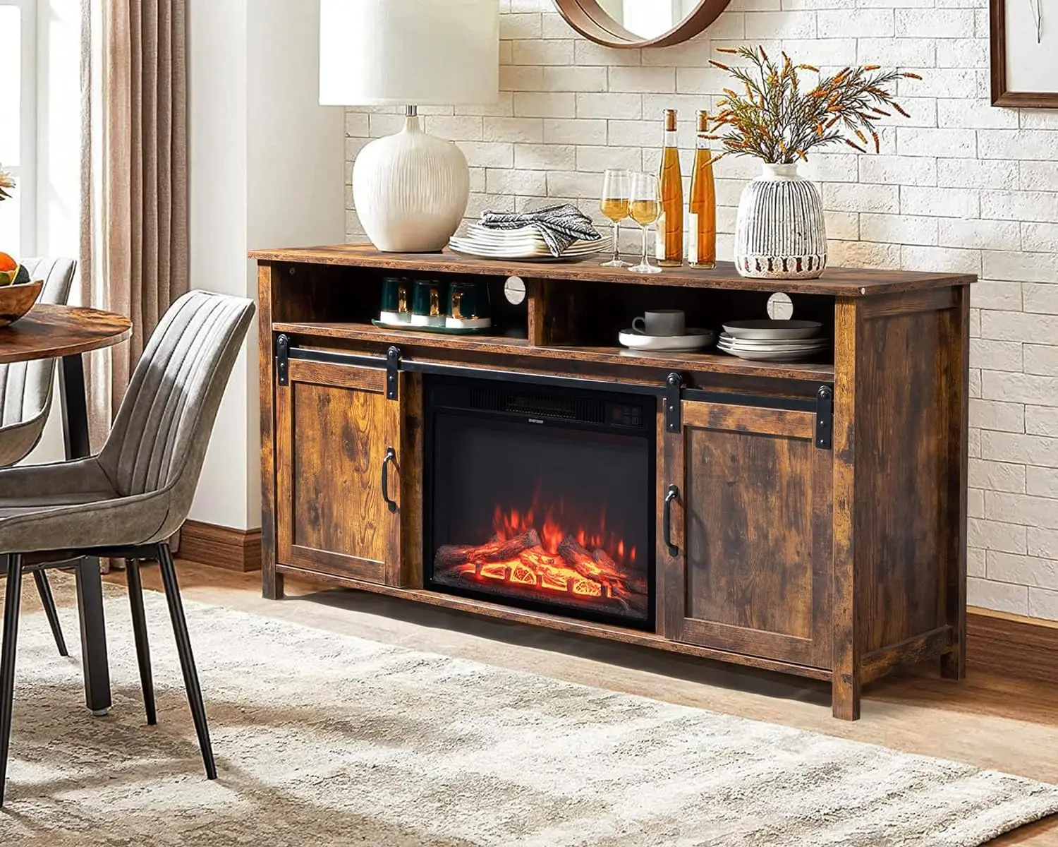 VINGLI Fireplace TV Stand for TVs Up to 65 Inch,with 1500W/23'' Electric Fireplace Insert and Sliding Barn Doors Rustic Brown