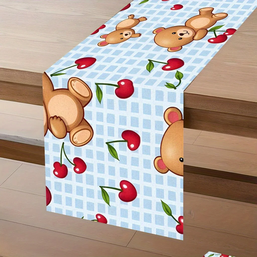 2D Flat Teddy Bear & Cherry Pattern Rectangular Table Runner Farmhouse Holiday Dinner Decor for Kitchen Dining Restaurant Coffee