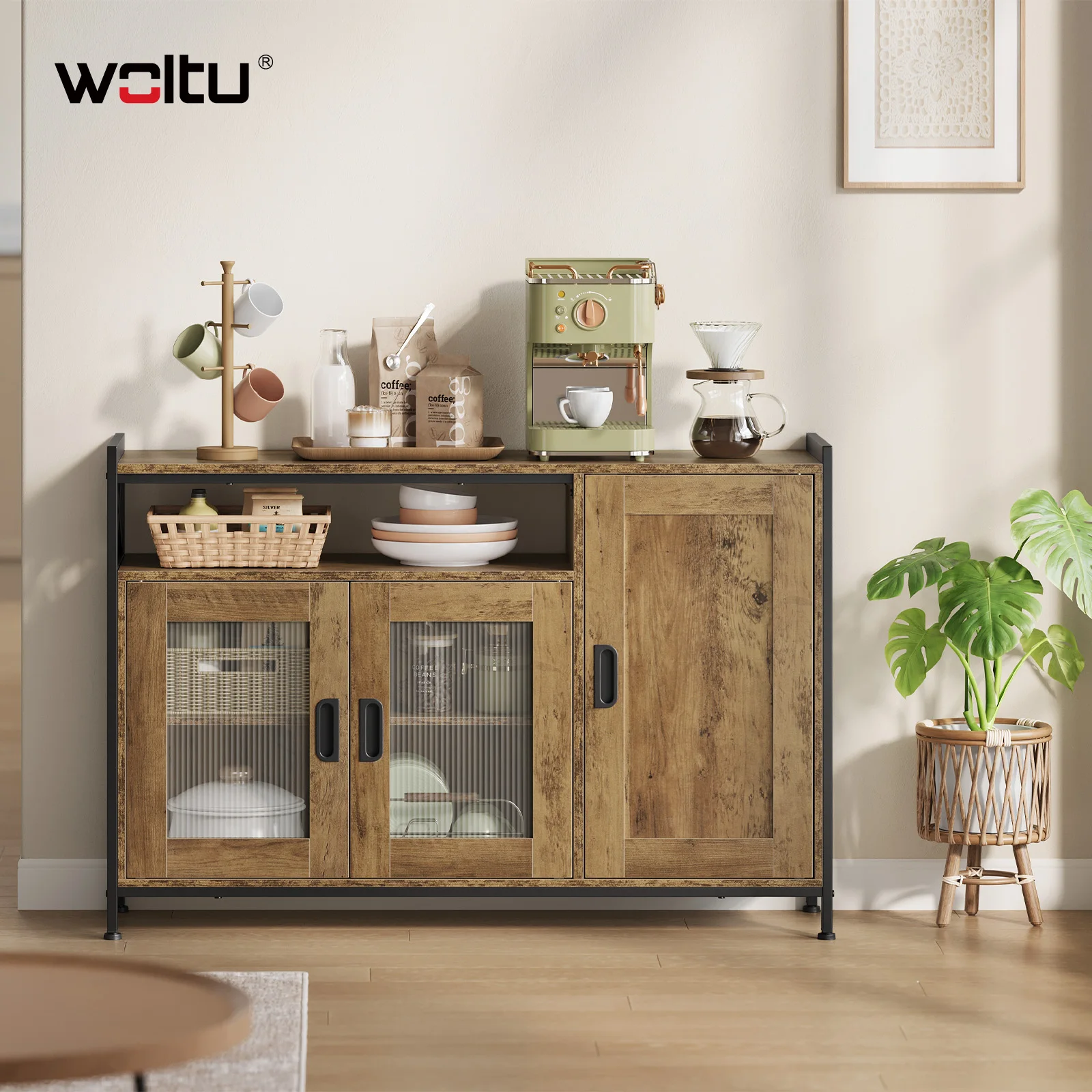 WOLTU Küchenschrank mit 3 Türen, 110 x 75 x 33 cm, Holz-Sideboard mit 2 verstellbaren Regalen, Arbeitsplatte für Küche, Wohnzimmer, Flur