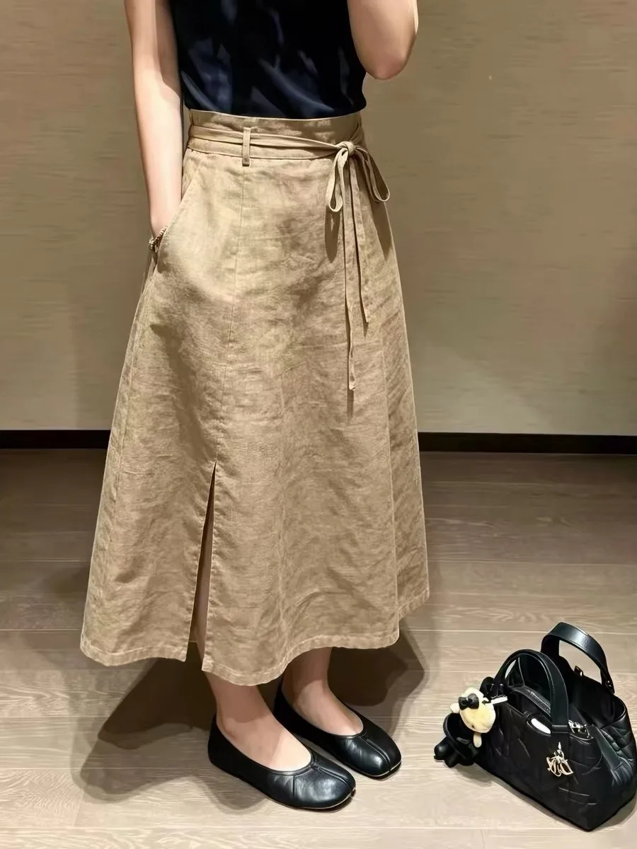 Khaki High Waist Split A-Line Midi Skirt Women's Summer New Design Versatile Drawstring Casual Commute Style Pocket Detail