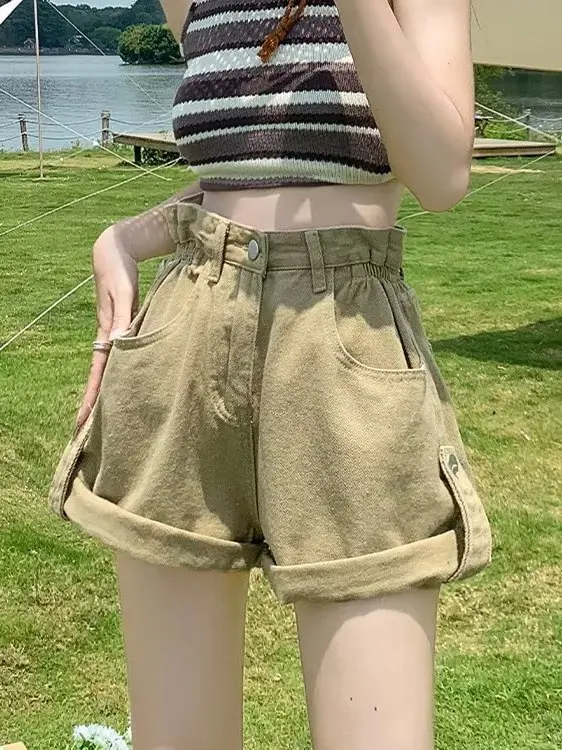 Khaki High Waist Denim Shorts Women Summer New plus Size Loose Slim A-Line Cuffed Wide Leg Hot Pants Breathable Spring Ladies...