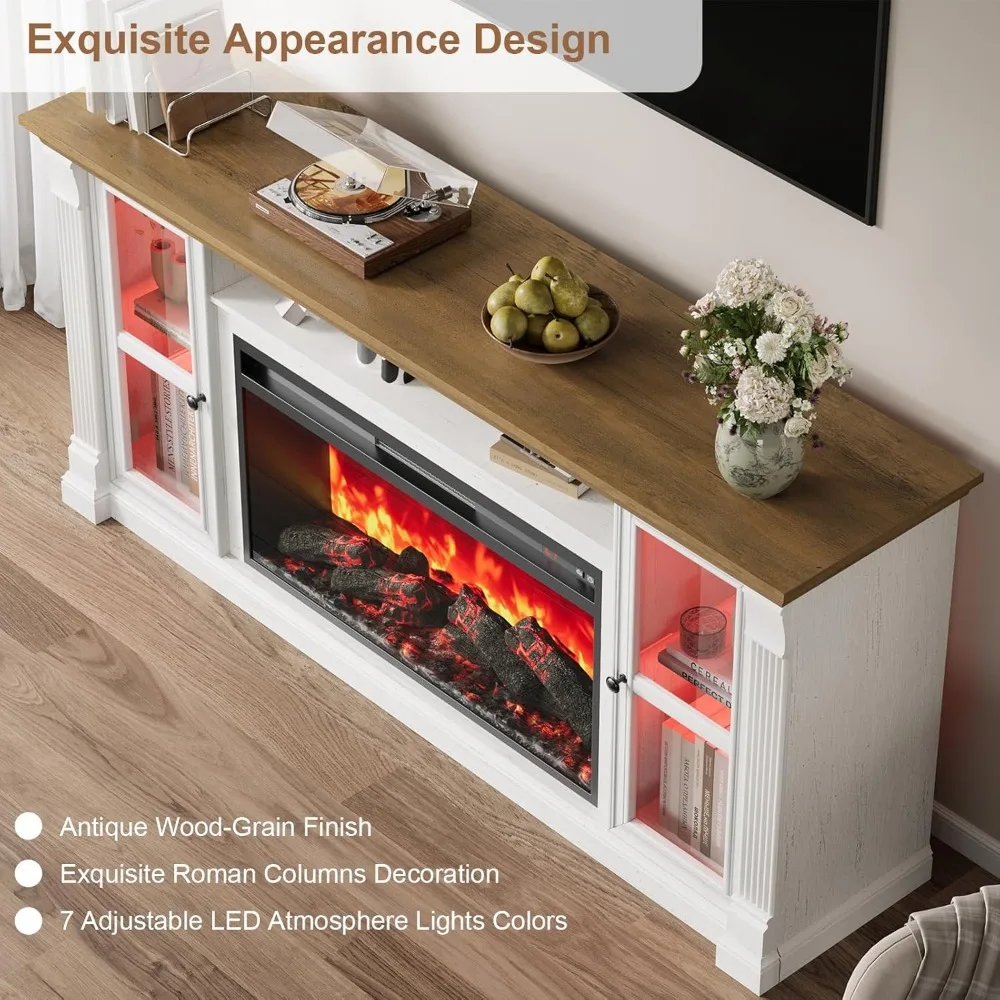 Farmhouse Fireplace TV Stand Up to 80" TVs, 70" Modern Highboy Entertainment Center with 36" Electric Fireplace & LED Lights,