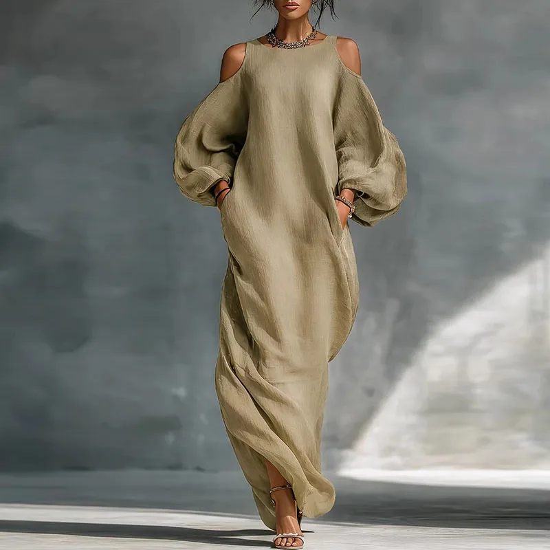 Bohemian Woman Dresses Vacation Sexy Cold Shoulder Lantern Long Sleeve Maxi Dress 2026 Spring Casual O Neck Solid Pullover Dress - Image 5