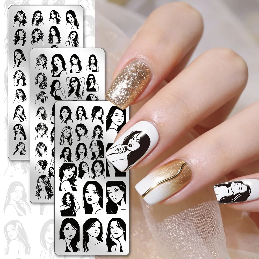 3 Stück Nagelstempelplatten mit weiblichen Porträts, weibliche Silhouetten, Charaktere, Avatare, Nagelkunst-Schablonen, Nagelkunst – Detail 3