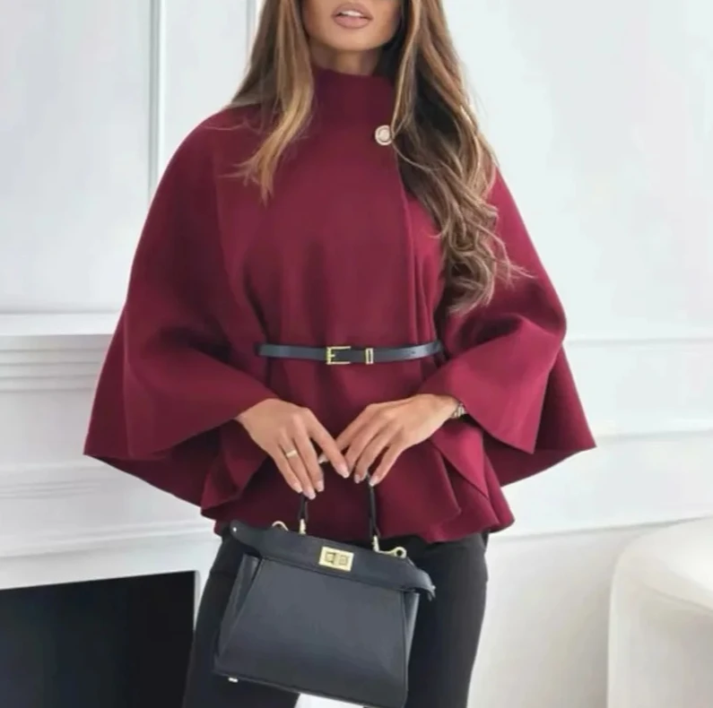 2025 Autumn Women's Short Cape Coat | Belted Faux Wool Elegant Cloak Jacket | Solid Color Casual Warm Outerwear for Ladies